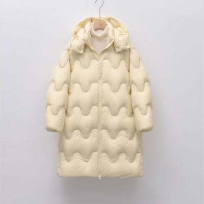 90绒新国标白鸭绒冬加长款简约时尚波浪连帽加厚羽绒服女