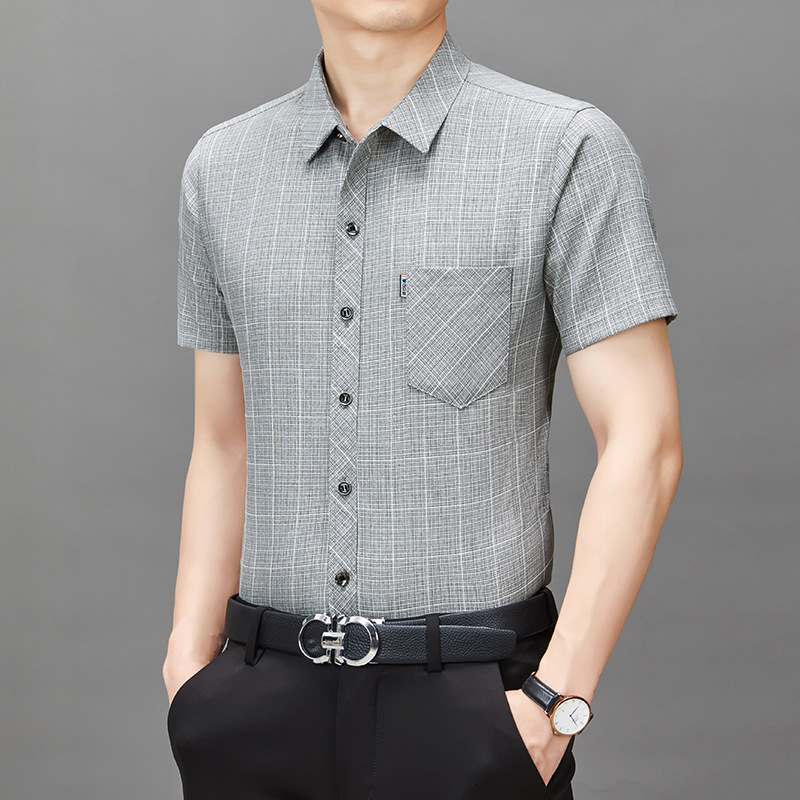 夏季格子宽松亚麻衬衫2025新款中年上衣高端男士短袖衬衣