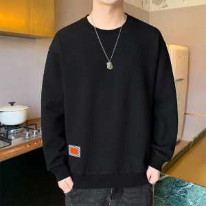 男装春秋季卫衣男新款港风潮流纯色提花布圆领宽松休闲上衣服