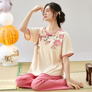 睡衣女士夏季棉质可爱卡通短袖长裤中式古风休闲可外穿家居服套装