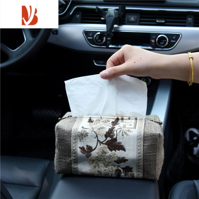 三维工匠中式车载车内车用纸巾盒套 汽车上用的抽纸盒扶手箱可固定椅背 新款 卡其 咖中式花