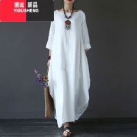 YIBUSHENG棉麻连衣裙女春秋新款民族风大码女装加长裙宽松文艺纯色亚麻袍子