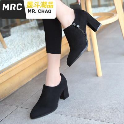 尖头高跟鞋女2020新款百搭深口鞋绒面磨砂粗跟单鞋酒红色婚鞋墨斗潮品休闲鞋