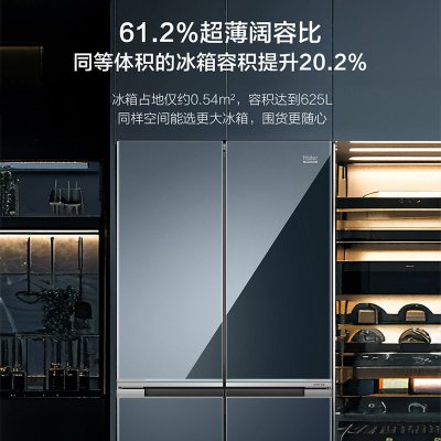 海尔 BCD-625WLHTD2BB6U1 625升 一级能效 变频 智能控温 干湿分储 自动除霜 无界蓝钢化玻璃面板