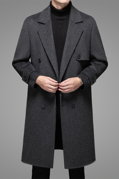 秋冬新款100%羊毛呢大衣男士西装领双排扣大衣羊毛双面呢长款大衣
