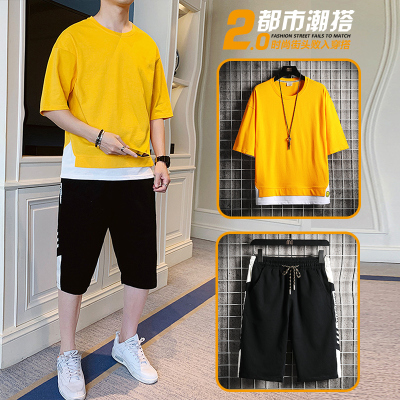 狮臣SHICHEN帅气宽松休闲运动套装男士2020年夏季新款五分裤短袖T恤套装男潮流两件套男短袖短裤套装男装TZ2580黄色M
