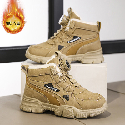 冬季新款加绒保暖雪地棉靴皮革拼接免系带旋转纽扣男女同款童棉鞋