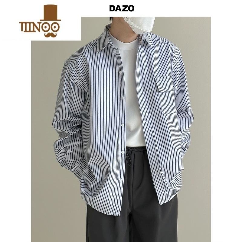 YANXUDAZO 韩版帅气条纹衬衫男休闲宽松oversize秋季衬衣外套潮流百搭