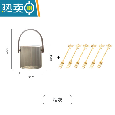 敬平水果叉子家用高端甜品叉收纳罐套装小叉子轻奢水果签果插不锈钢 烟灰色收纳罐+6条水果叉