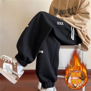 加绒卫裤男士港风宽松秋冬季新款时尚潮流刺绣束脚休闲裤