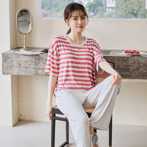 夏季薄款莫代尔睡衣女士短袖长裤两件套带胸垫简约休闲家居服套装