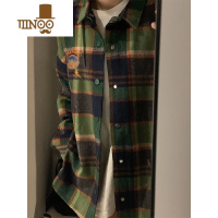 YANXU绿色格子衬衫男美式复古刺绣vintage长袖衬衣感日系情侣外套