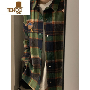 YANXU绿色格子衬衫男美式复古刺绣vintage长袖衬衣感日系情侣外套