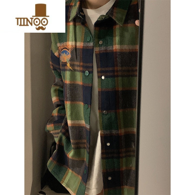 YANXU绿色格子衬衫男美式复古刺绣vintage长袖衬衣感日系情侣外套