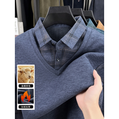 新款长袖T恤男加厚加绒中老年衬衣领打底衫时尚潮流翻领保暖衣男
