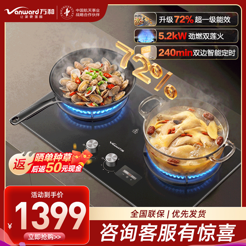 万和[超省星G9D Pro]5.2kW天然气猛火72%一级能效双边定时合金防爆面板家用煤气双炉具双灶台燃气灶