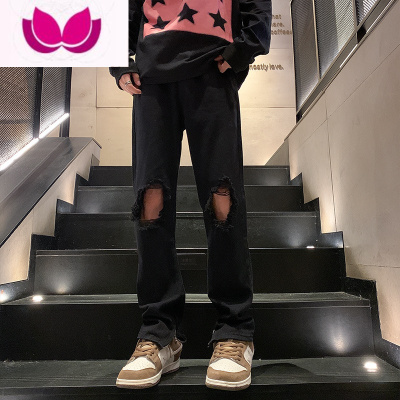 七斓美式拉链开叉破洞牛仔裤男款夏季大码直筒微喇裤子高街vibe风潮牌