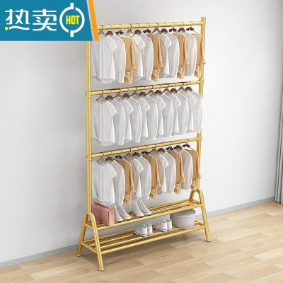 敬平双层晾衣架落地折叠卧室内宿舍出租房挂衣杆上下两多层衣帽收纳架 金三层双板长100高可调180到260