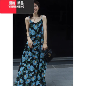 YIBUSHENG季蓝色碎花连衣裙吊带长裙海边度假沙滩裙仙三亚泰国旅游拍照