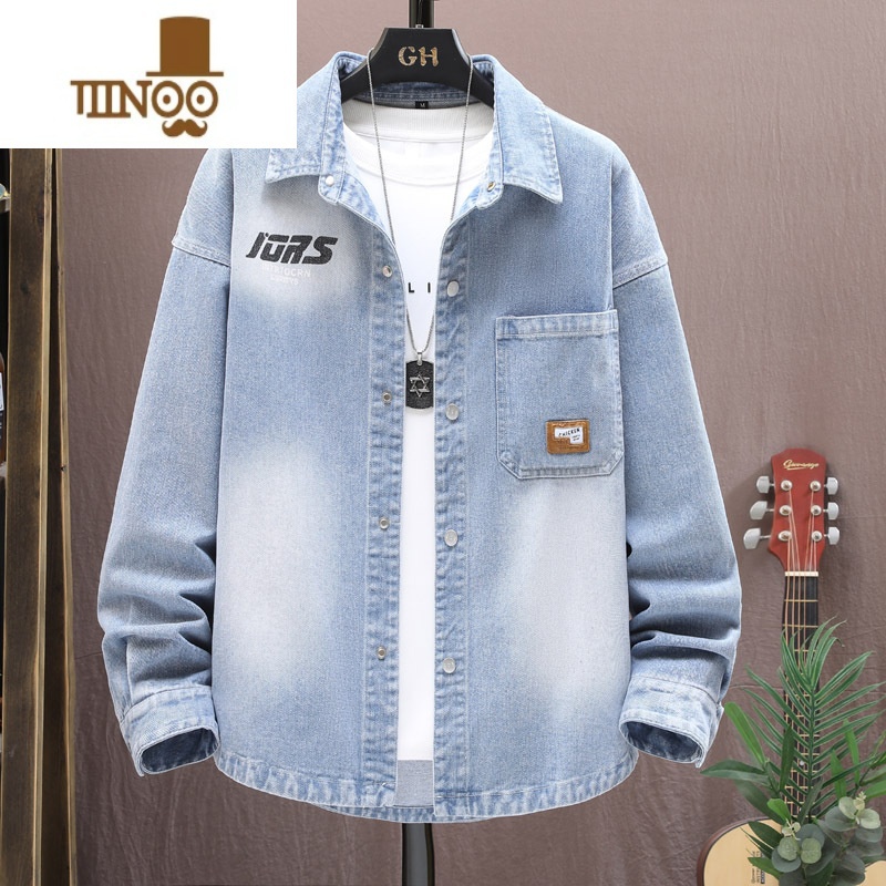 YANXU2023新款牛仔外套男黑色宽松青少年高中初中学生潮牌夹克衫