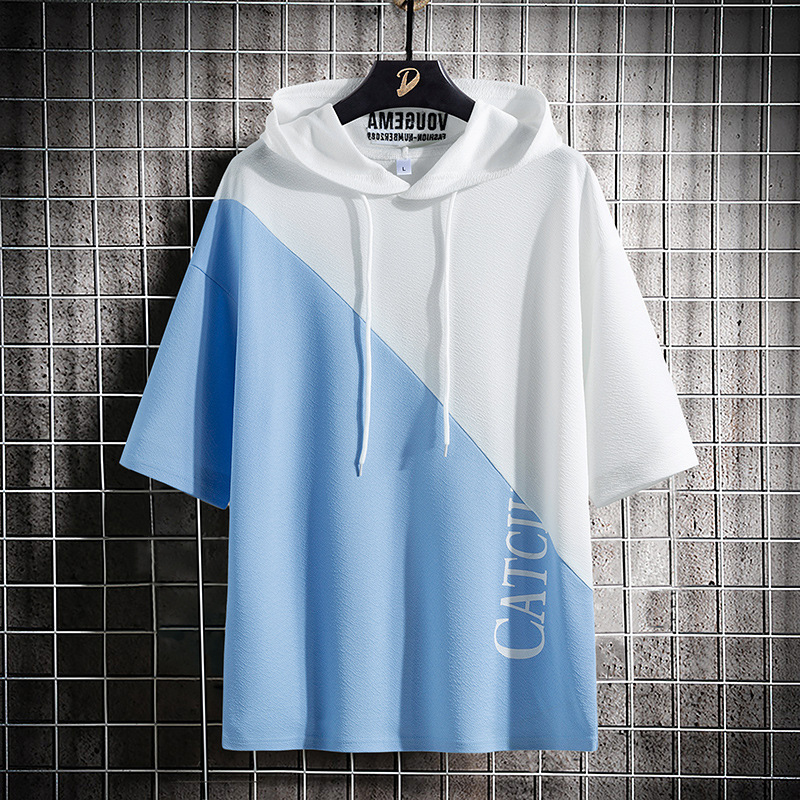 夏季短袖T恤男新款潮流ins宽松休闲连帽圆领拼接半袖体恤男士