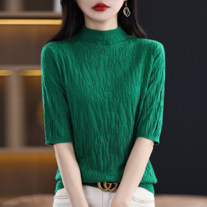 法式优雅修身半高领短袖针织衫2025春夏新款时尚针织T恤衫女半袖