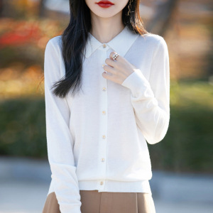 春秋精纺羊毛Polo领针织开衫女长袖翻领外套宽松显瘦软糯打底上衣