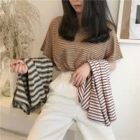 夏季条纹短袖T恤女新款韩版打底衫女式上衣大码女装