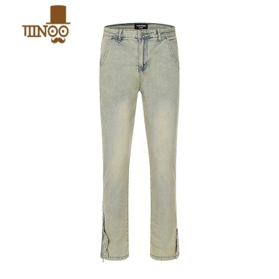 YANXUWoos美式黄泥染侧边排扣拉链直筒牛仔裤男高街修身显瘦休闲裤