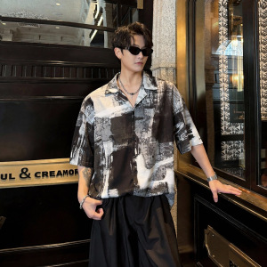 男装新中式复古短袖衬衫男夏季痞帅休闲宽松翻领花衬衫衬衣外套男
