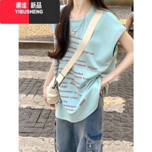 YIBUSHENG美式复古弹幕字母无袖运动背心t恤女季坎肩宽松设计感小众上衣
