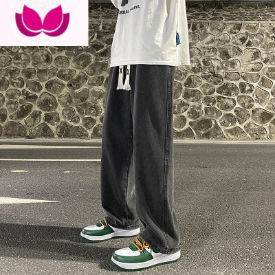 七斓黑灰色牛仔裤男生夏季宽松直筒长裤ins潮牌复古高街阔腿裤子男款