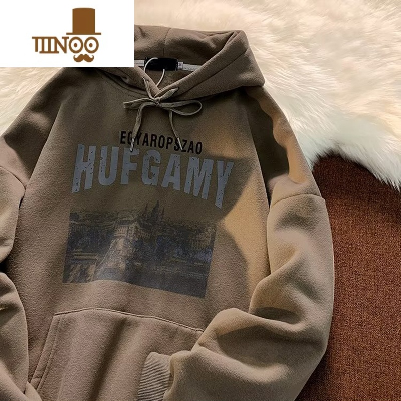 YANXU连帽卫衣男潮牌休闲宽松设计感hiphop加绒加厚套头帽衫青少年外套