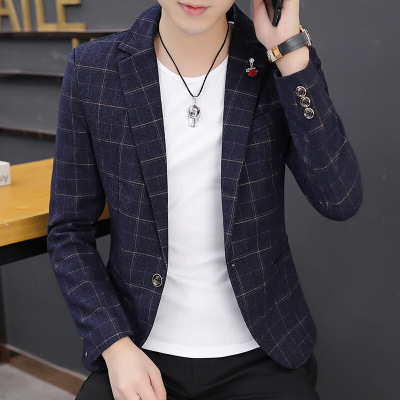 梵克公牛休闲小西装男青年薄款外套2020热帅气西装男修身格子小西服韩版帅气单西时尚蓝色M