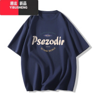 YIBUSHENG美式复古情侣短袖t恤女2024新款宽松季藏蓝色上衣设计感小众ins