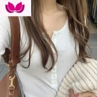 七斓美式螺纹针织长袖t恤女2022冬纽扣紧身v领打底衫内搭显瘦上衣