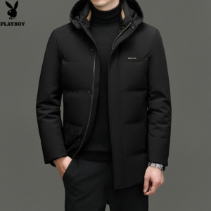 花花公子品牌冬装中长款男士羽绒服连帽多口袋时尚休闲保暖大码男款外套厚