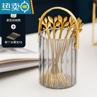 敬平北欧ins轻奢家用不锈钢水果叉套装创意可爱小奢华果签叉勺收纳罐 [烟灰色]果签套装