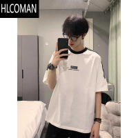 HLCOMAN美式潮牌复古短袖t恤男夏季青少年感穿搭条纹小领口半袖