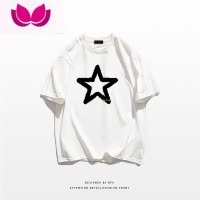 七斓高街小众星星印花短袖T恤女oversize卡其色情侣夏季宽松上衣