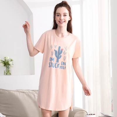 红豆居家(Hodohome)春夏女士棉质圆领萌趣印花轻薄透气家居睡裙