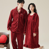 情侣睡衣秋冬季珊瑚绒本命年喜庆结婚大红色一男士一女家居服套装_304