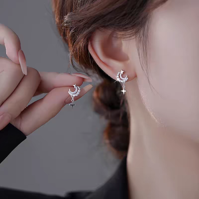 s925银针星星月亮耳钉女小众设计微镶月落星河耳环时尚高级感耳饰送女朋友老婆情人节七夕生日礼物