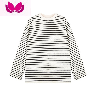 七斓慵懒风宽松百搭圆领条纹T恤女春季小众休闲内搭打底衫长袖上衣潮