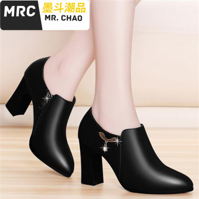 春季单鞋女2020新款韩版百搭粗跟高跟(5-8厘米)鞋皮鞋中年妈妈鞋子墨斗潮品休闲鞋