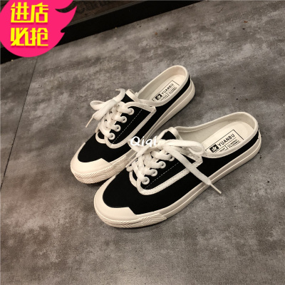 金三志2020新款无跟帆布鞋女鞋子女秋季小白懒人鞋女一脚蹬半拖板鞋半托帆布鞋