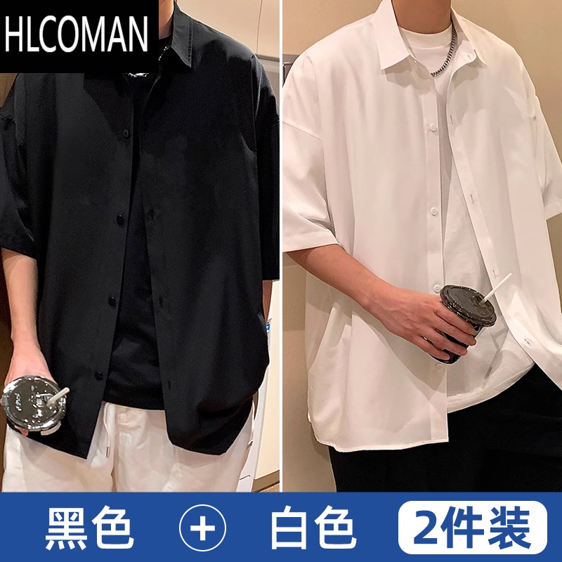 HLCOMAN黑色短袖衬衫男款港风外穿半袖衬衣大码宽松休闲外套