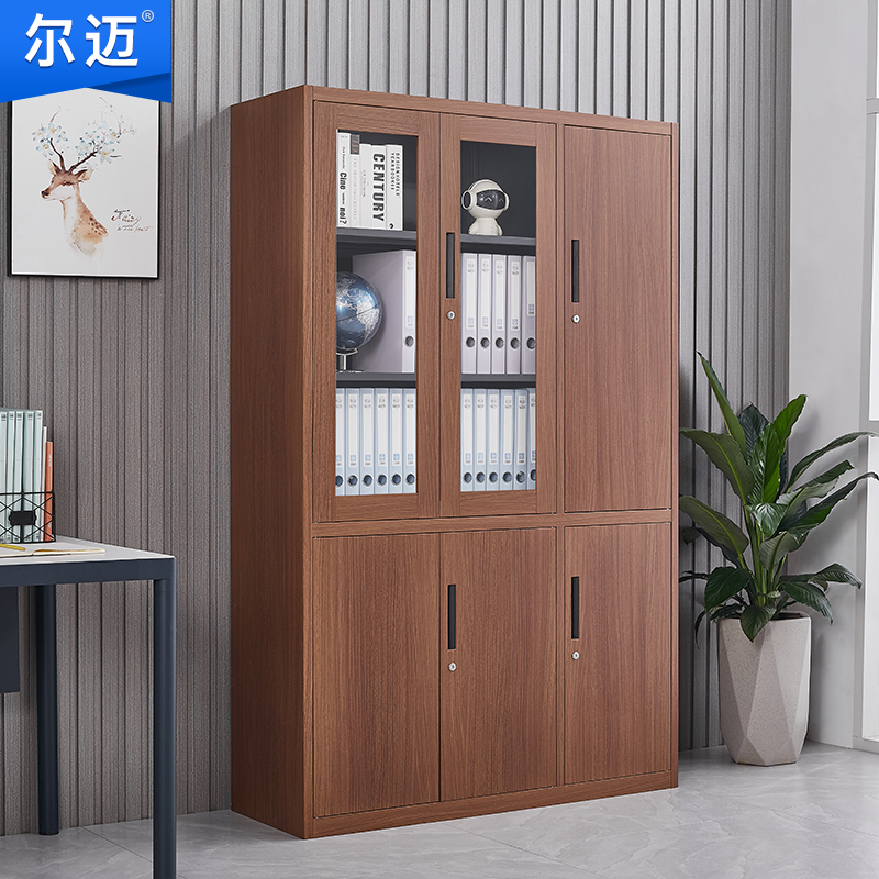 尔迈 钢制文件柜铁皮柜办公室档案资料柜带锁财务凭证柜存放图书柜 深胡桃色六门书柜左