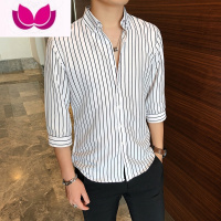 七斓衬衫男七分袖短袖韩版潮流帅气休闲条纹衬衣长袖宽松白打底港风日