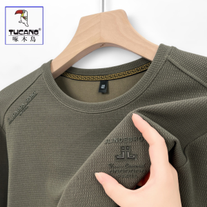 啄木鸟卫衣男加绒加厚2024新款春秋纯棉男长袖t恤圆领打底衫上衣